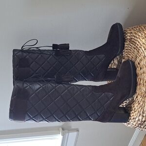 AQUATALIA Womens Quilted Brown Leather/Suede Pull On Tall Boots‎ 3" Heels S-8